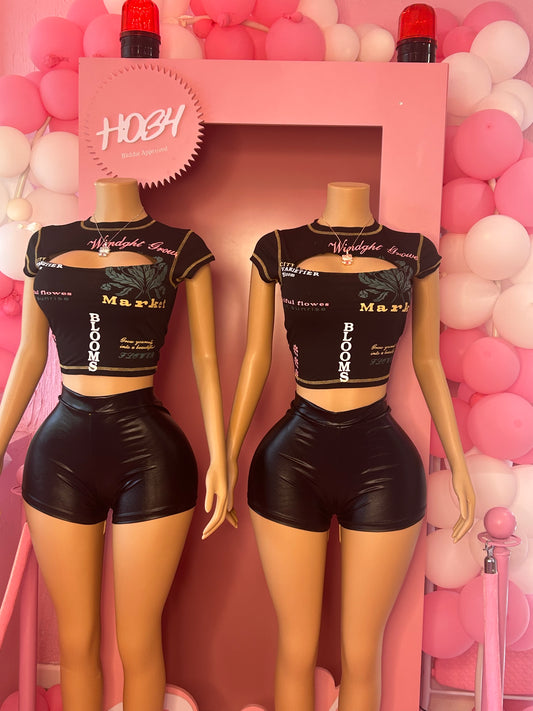 2 piece cut out leather short set