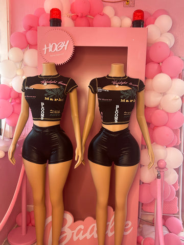 2 piece cut out leather short set