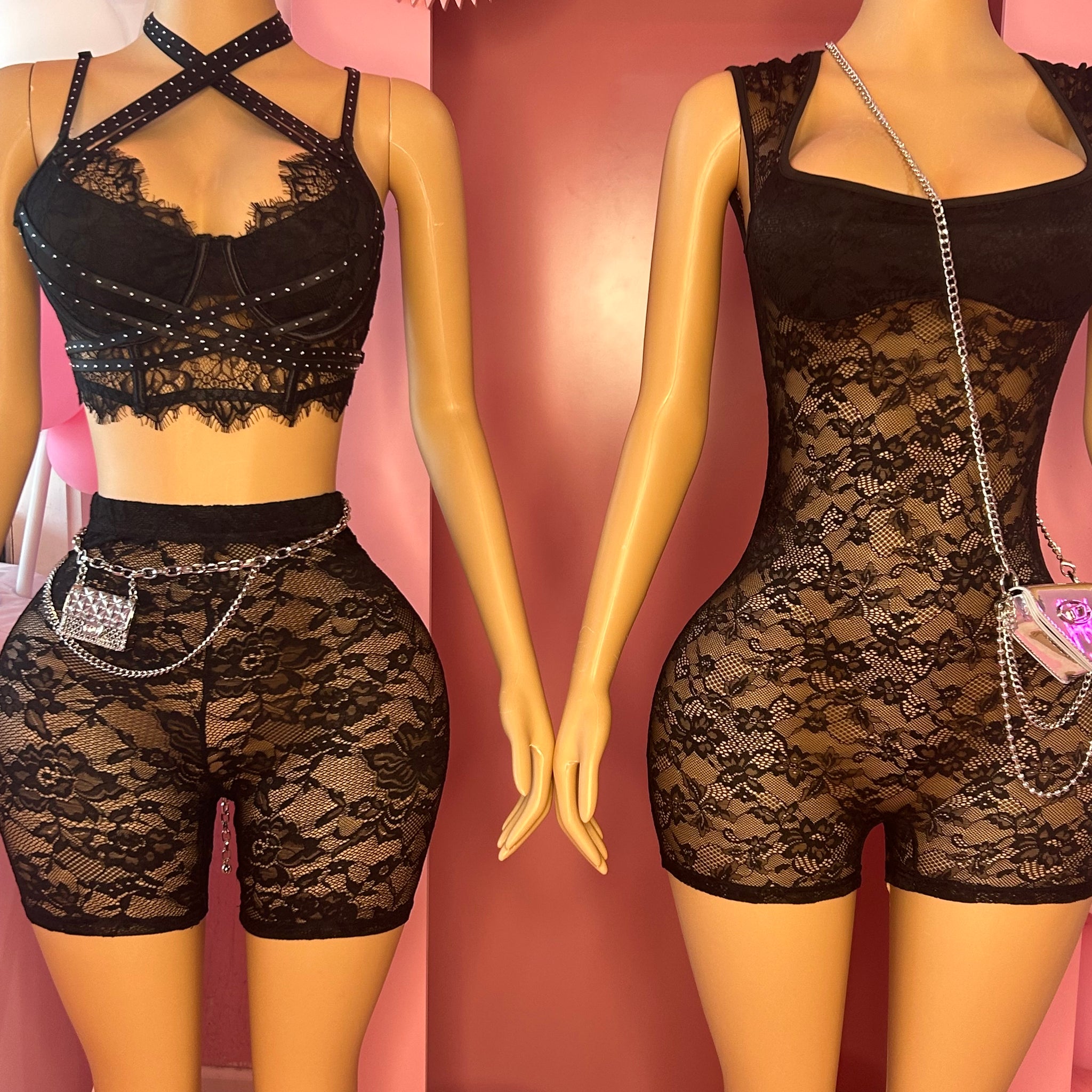 2 Piece Corset Diamond Lace Short Set