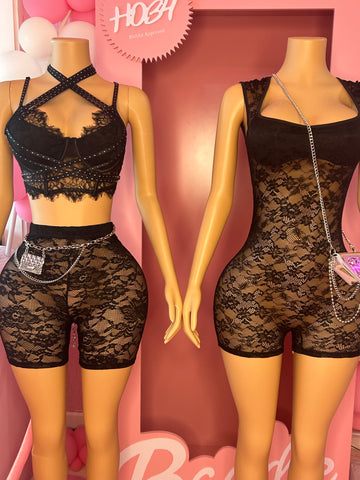 2 Piece Corset Diamond Lace Short Set